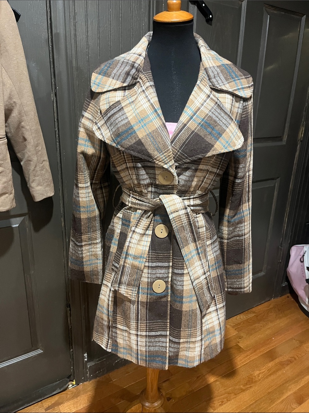 Wet Seal Brown Cream & Blue Plaid Belted Trench Coat
